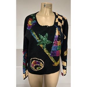 VTG OS International Sequinned Abstract Star Moon Squares Black Knit Sz L #1146